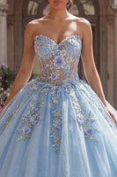 Laden Sie das Bild in den Galerie-Viewer, Trägerlos Himmelblau Blumig Lang Korsett Glitzer Prinzessin Quinceañera-Kleid mit Spitze