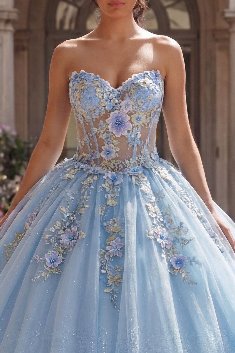 Laden Sie das Bild in den Galerie-Viewer, Trägerlos Himmelblau Blumig Lang Korsett Glitzer Prinzessin Quinceañera-Kleid mit Spitze