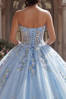 Laden Sie das Bild in den Galerie-Viewer, Trägerlos Himmelblau Blumig Lang Korsett Glitzer Prinzessin Quinceañera-Kleid mit Spitze