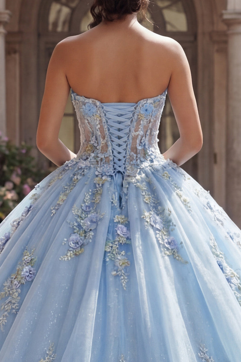 Laden Sie das Bild in den Galerie-Viewer, Trägerlos Himmelblau Blumig Lang Korsett Glitzer Prinzessin Quinceañera-Kleid mit Spitze