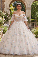 Laden Sie das Bild in den Galerie-Viewer, Champagner Puffärmel Prinzessin Blumig Lang Korsett Quinceañera-Kleid