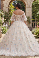 Laden Sie das Bild in den Galerie-Viewer, Champagner Puffärmel Prinzessin Blumig Lang Korsett Quinceañera-Kleid