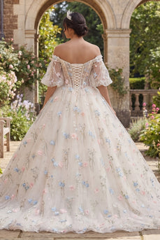 Champagner Puffärmel Prinzessin Blumig Lang Korsett Quinceañera-Kleid