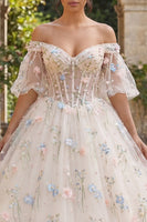 Laden Sie das Bild in den Galerie-Viewer, Champagner Puffärmel Prinzessin Blumig Lang Korsett Quinceañera-Kleid