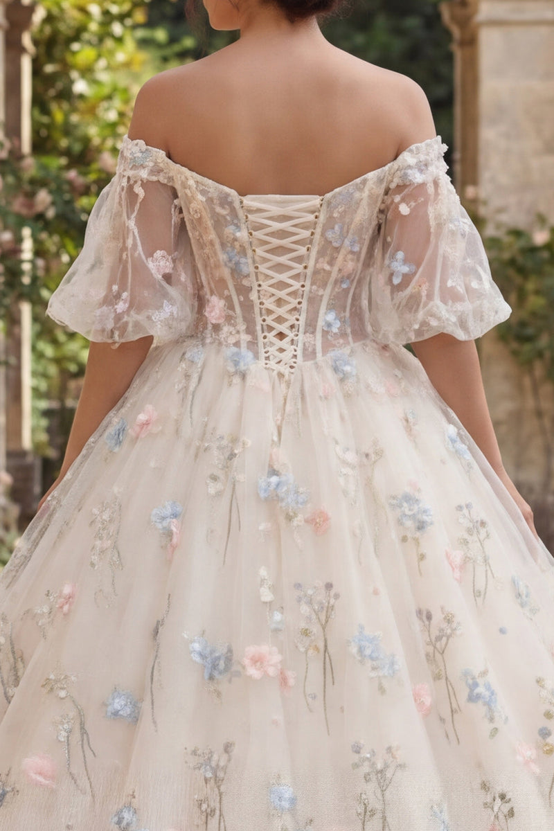 Laden Sie das Bild in den Galerie-Viewer, Champagner Puffärmel Prinzessin Blumig Lang Korsett Quinceañera-Kleid