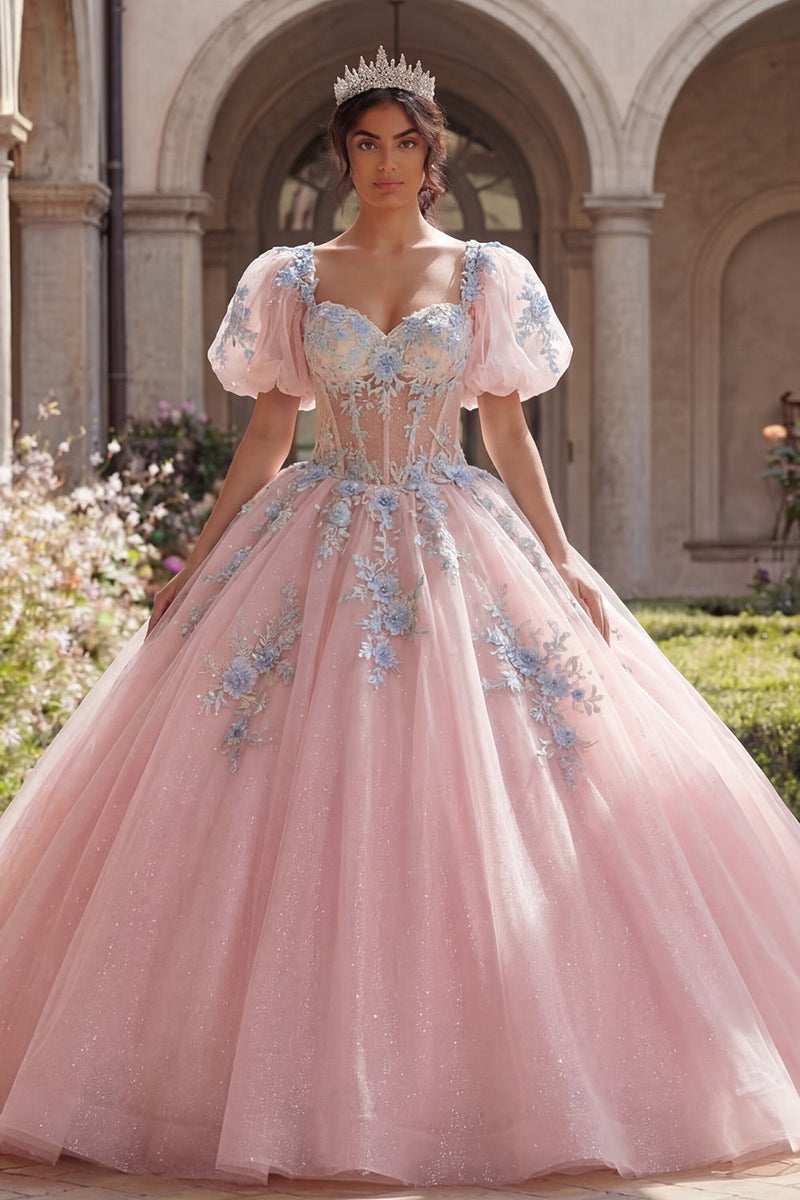 Laden Sie das Bild in den Galerie-Viewer, Rosa Blumen Puffärmel Lang Korsett Glitzer Prinzessin Quinceañera Kleid mit Spitze