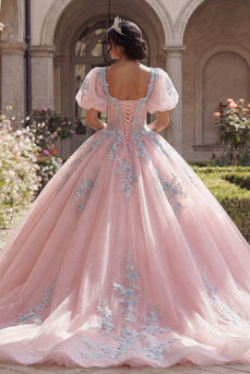 Rosa Blumen Puffärmel Lang Korsett Glitzer Prinzessin Quinceañera Kleid mit Spitze