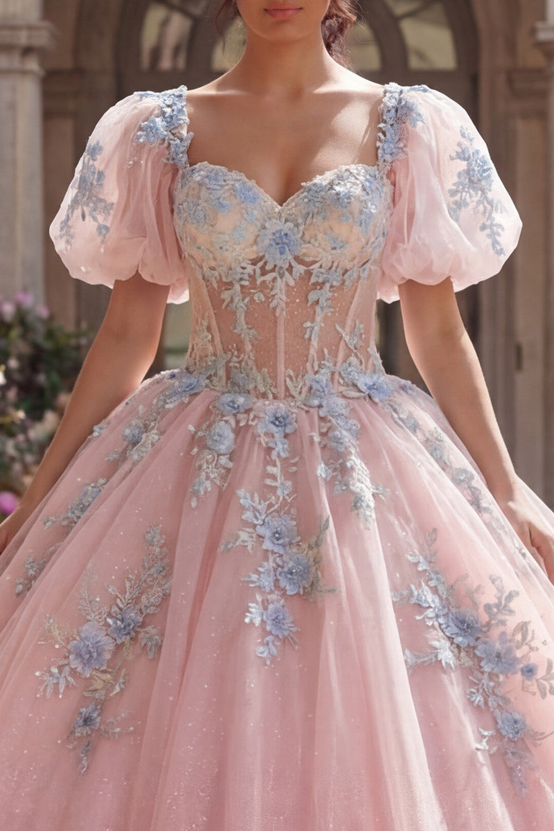 Laden Sie das Bild in den Galerie-Viewer, Rosa Blumen Puffärmel Lang Korsett Glitzer Prinzessin Quinceañera Kleid mit Spitze