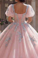 Laden Sie das Bild in den Galerie-Viewer, Rosa Blumen Puffärmel Lang Korsett Glitzer Prinzessin Quinceañera Kleid mit Spitze