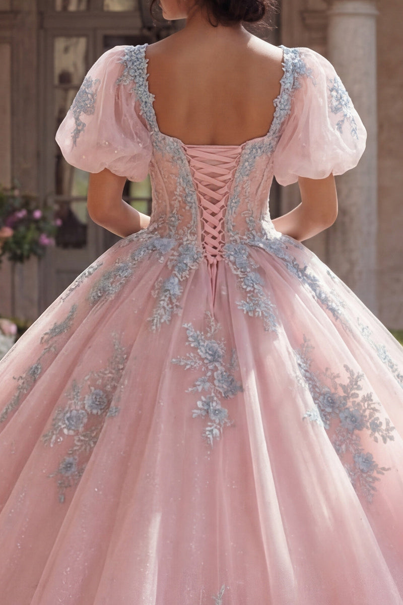 Laden Sie das Bild in den Galerie-Viewer, Rosa Blumen Puffärmel Lang Korsett Glitzer Prinzessin Quinceañera Kleid mit Spitze