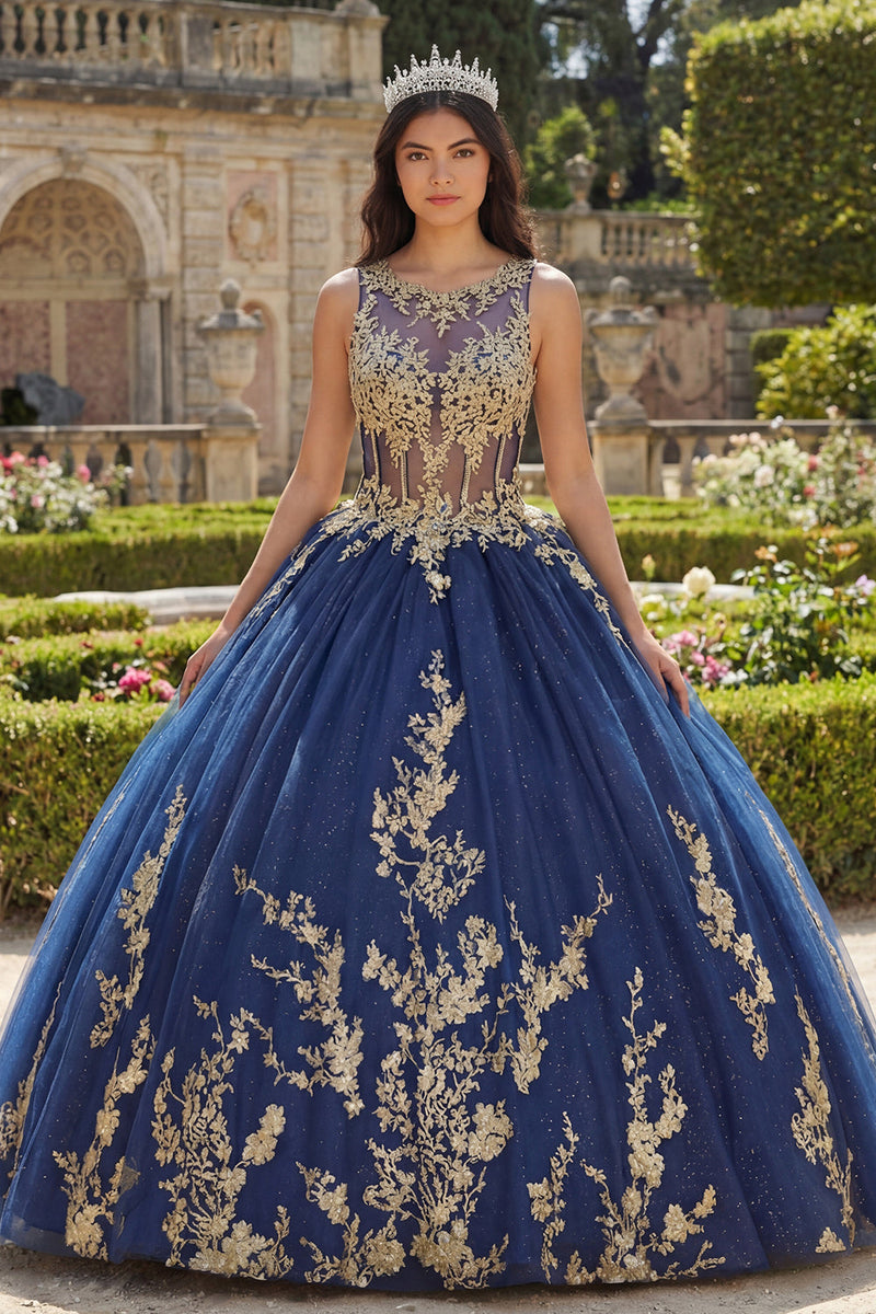 Laden Sie das Bild in den Galerie-Viewer, Bootsausschnitt Glitzer Prinzessin Blumen Lang Korsett Applikation Marine Quinceañera Kleid