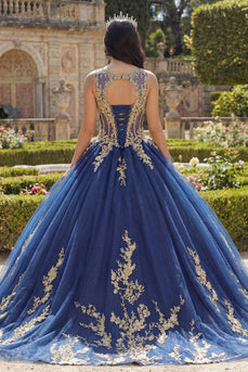 Bootsausschnitt Glitzer Prinzessin Blumen Lang Korsett Applikation Marine Quinceañera Kleid