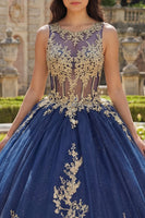 Laden Sie das Bild in den Galerie-Viewer, Bootsausschnitt Glitzer Prinzessin Blumen Lang Korsett Applikation Marine Quinceañera Kleid