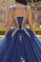 Laden Sie das Bild in den Galerie-Viewer, Bootsausschnitt Glitzer Prinzessin Blumen Lang Korsett Applikation Marine Quinceañera Kleid