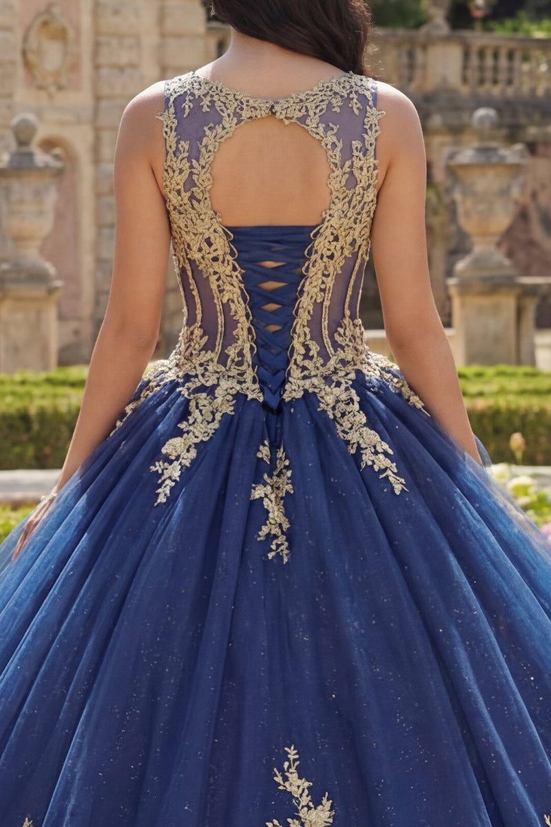 Laden Sie das Bild in den Galerie-Viewer, Bootsausschnitt Glitzer Prinzessin Blumen Lang Korsett Applikation Marine Quinceañera Kleid