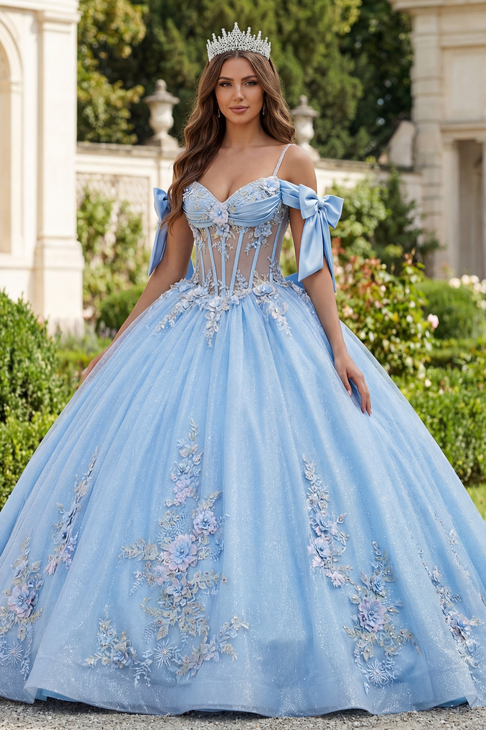 Himmelblau Blumen Lang Korsett Glitzer Prinzessin Perlenverziert Quinceañera-Kleid mit Schleifen