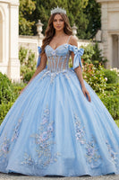 Laden Sie das Bild in den Galerie-Viewer, Himmelblau Blumen Lang Korsett Glitzer Prinzessin Perlenverziert Quinceañera-Kleid mit Schleifen