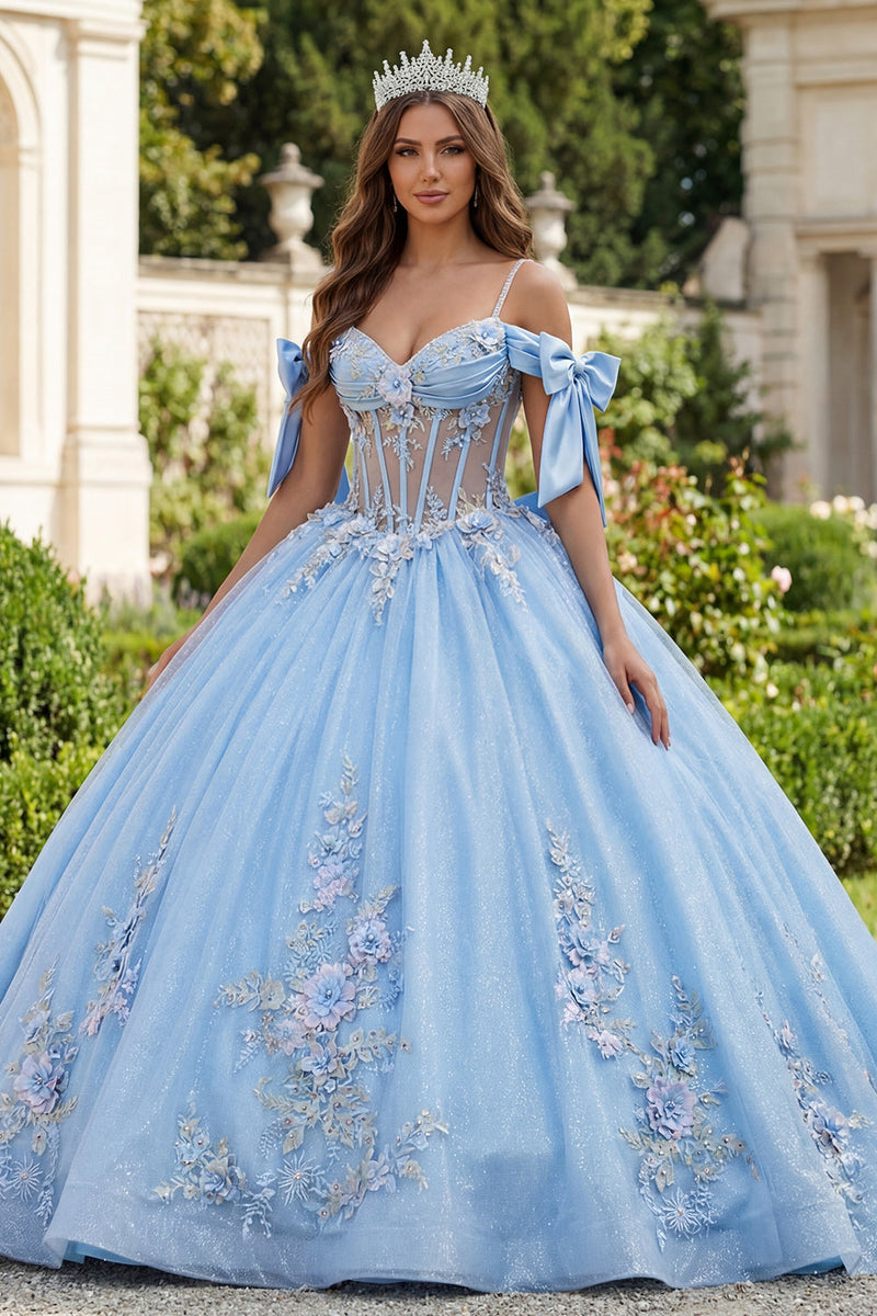 Laden Sie das Bild in den Galerie-Viewer, Himmelblau Blumen Lang Korsett Glitzer Prinzessin Perlenverziert Quinceañera-Kleid mit Schleifen