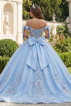 Himmelblau Blumen Lang Korsett Glitzer Prinzessin Perlenverziert Quinceañera-Kleid mit Schleifen