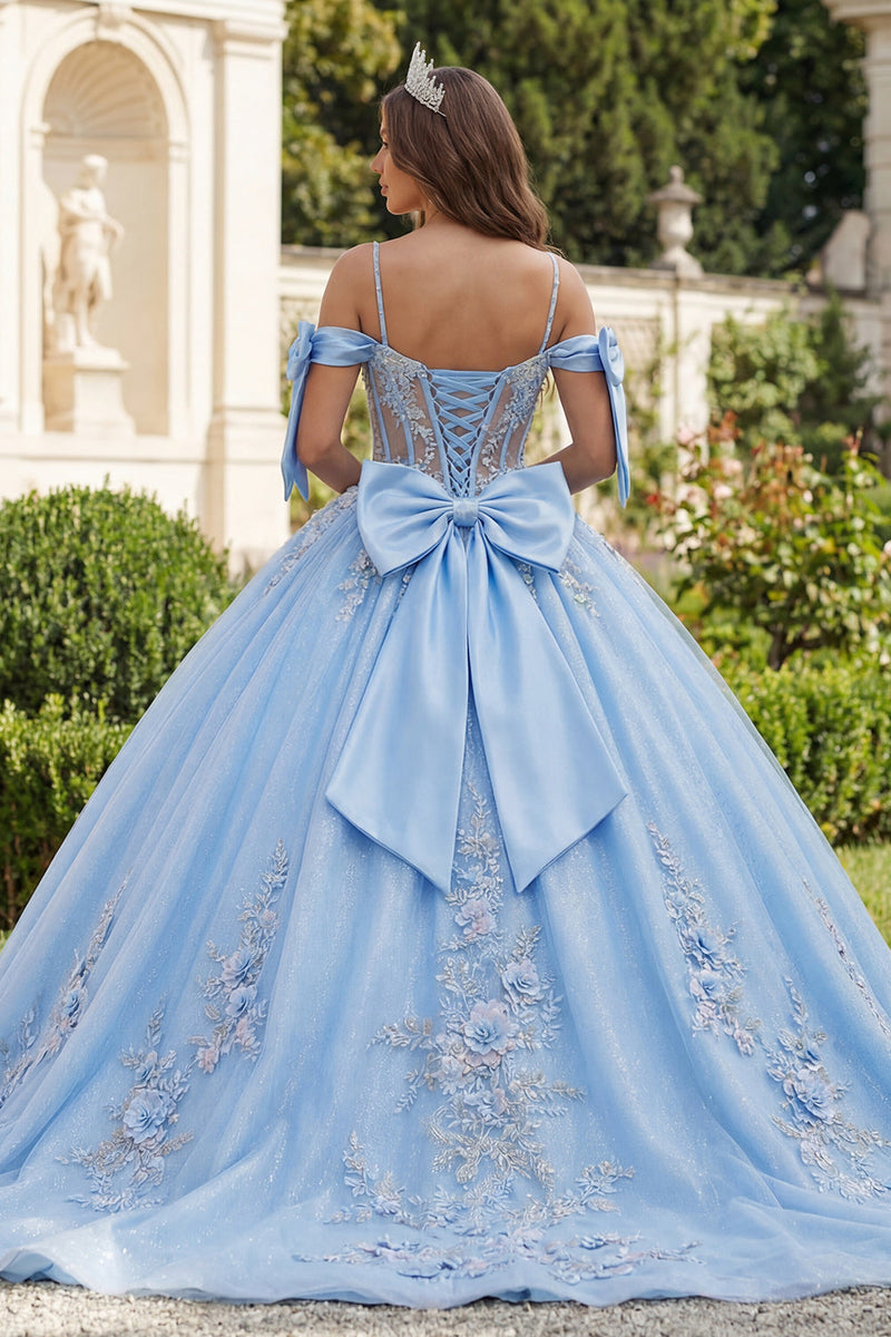 Laden Sie das Bild in den Galerie-Viewer, Himmelblau Blumen Lang Korsett Glitzer Prinzessin Perlenverziert Quinceañera-Kleid mit Schleifen