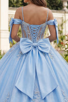 Laden Sie das Bild in den Galerie-Viewer, Himmelblau Blumen Lang Korsett Glitzer Prinzessin Perlenverziert Quinceañera-Kleid mit Schleifen