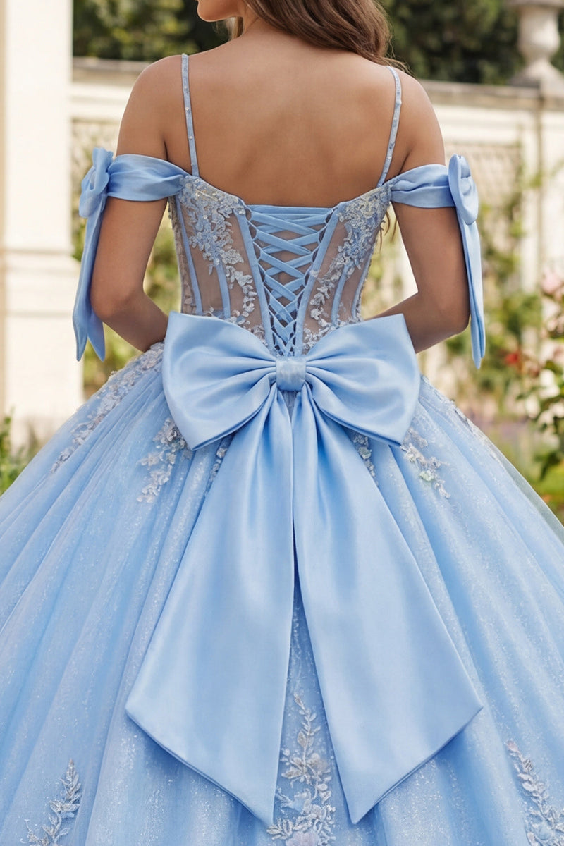 Laden Sie das Bild in den Galerie-Viewer, Himmelblau Blumen Lang Korsett Glitzer Prinzessin Perlenverziert Quinceañera-Kleid mit Schleifen