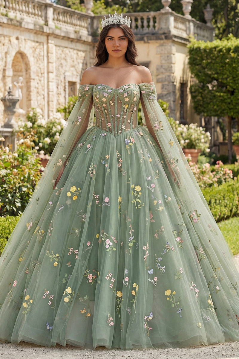 Laden Sie das Bild in den Galerie-Viewer, Staubige Salbei Prinzessin Blumen Lang Korsett Quinceañera-Kleid mit Cape