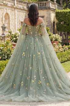 Staubige Salbei Prinzessin Blumen Lang Korsett Quinceañera-Kleid mit Cape