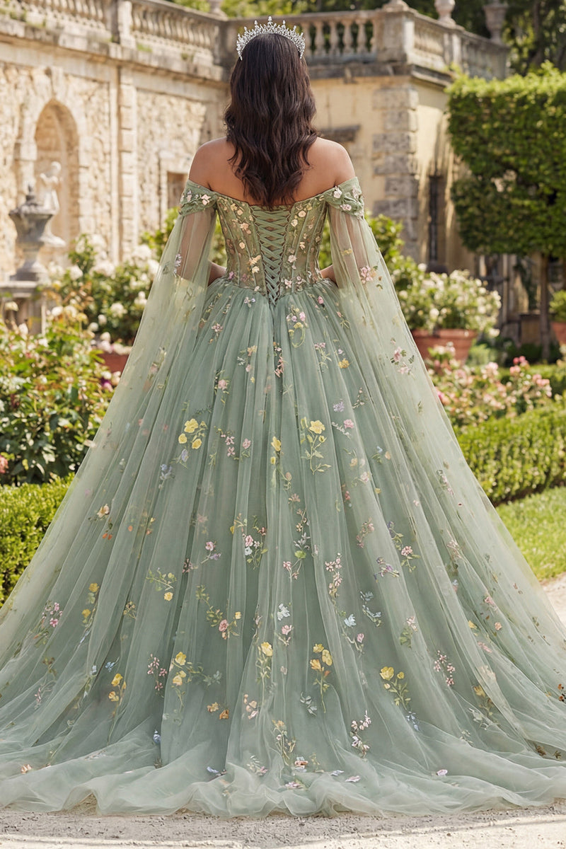 Laden Sie das Bild in den Galerie-Viewer, Staubige Salbei Prinzessin Blumen Lang Korsett Quinceañera-Kleid mit Cape