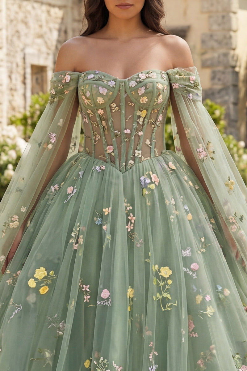 Laden Sie das Bild in den Galerie-Viewer, Staubige Salbei Prinzessin Blumen Lang Korsett Quinceañera-Kleid mit Cape