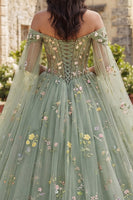 Laden Sie das Bild in den Galerie-Viewer, Staubige Salbei Prinzessin Blumen Lang Korsett Quinceañera-Kleid mit Cape
