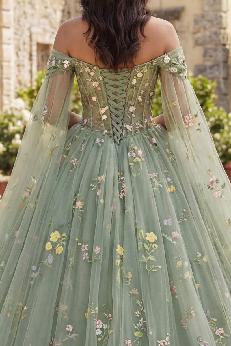 Laden Sie das Bild in den Galerie-Viewer, Staubige Salbei Prinzessin Blumen Lang Korsett Quinceañera-Kleid mit Cape