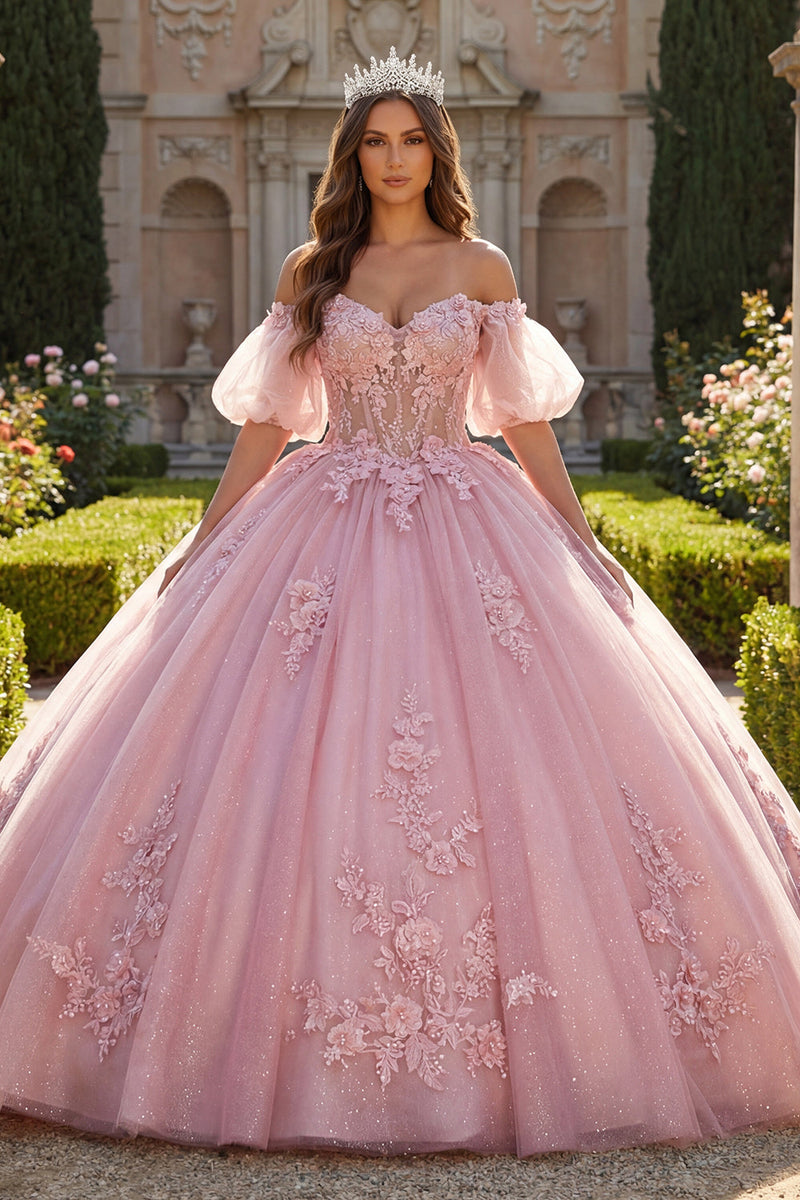 Laden Sie das Bild in den Galerie-Viewer, Lang Korsett Perlenverziert Rosa Blumen Puffärmel Glitzer Prinzessin Quinceañera-Kleid