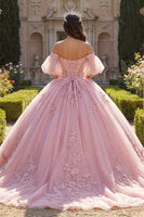 Laden Sie das Bild in den Galerie-Viewer, Lang Korsett Perlenverziert Rosa Blumen Puffärmel Glitzer Prinzessin Quinceañera-Kleid