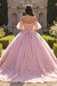 Lang Korsett Perlenverziert Rosa Blumen Puffärmel Glitzer Prinzessin Quinceañera-Kleid
