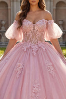 Laden Sie das Bild in den Galerie-Viewer, Lang Korsett Perlenverziert Rosa Blumen Puffärmel Glitzer Prinzessin Quinceañera-Kleid