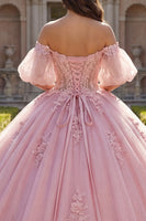 Laden Sie das Bild in den Galerie-Viewer, Lang Korsett Perlenverziert Rosa Blumen Puffärmel Glitzer Prinzessin Quinceañera-Kleid