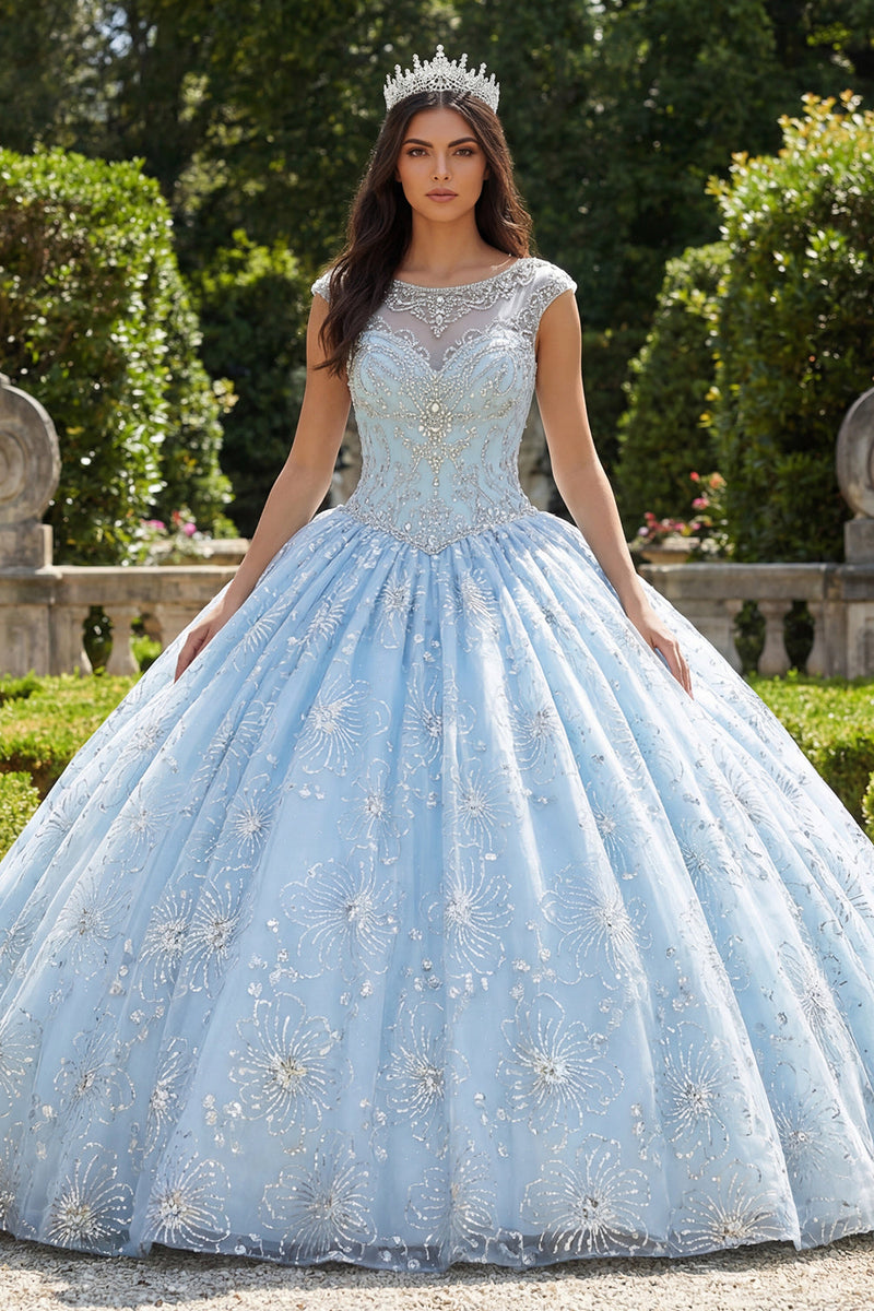 Laden Sie das Bild in den Galerie-Viewer, Glitzerndes Himmelblau Perlenverziert Prinzessin Blumen Lang Bootsausschnitt Quinceañera-Kleid