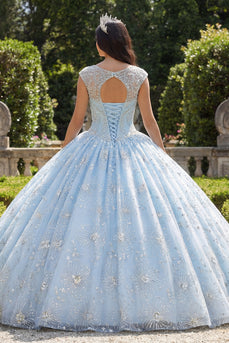 Glitzerndes Himmelblau Perlenverziert Prinzessin Blumen Lang Bootsausschnitt Quinceañera-Kleid