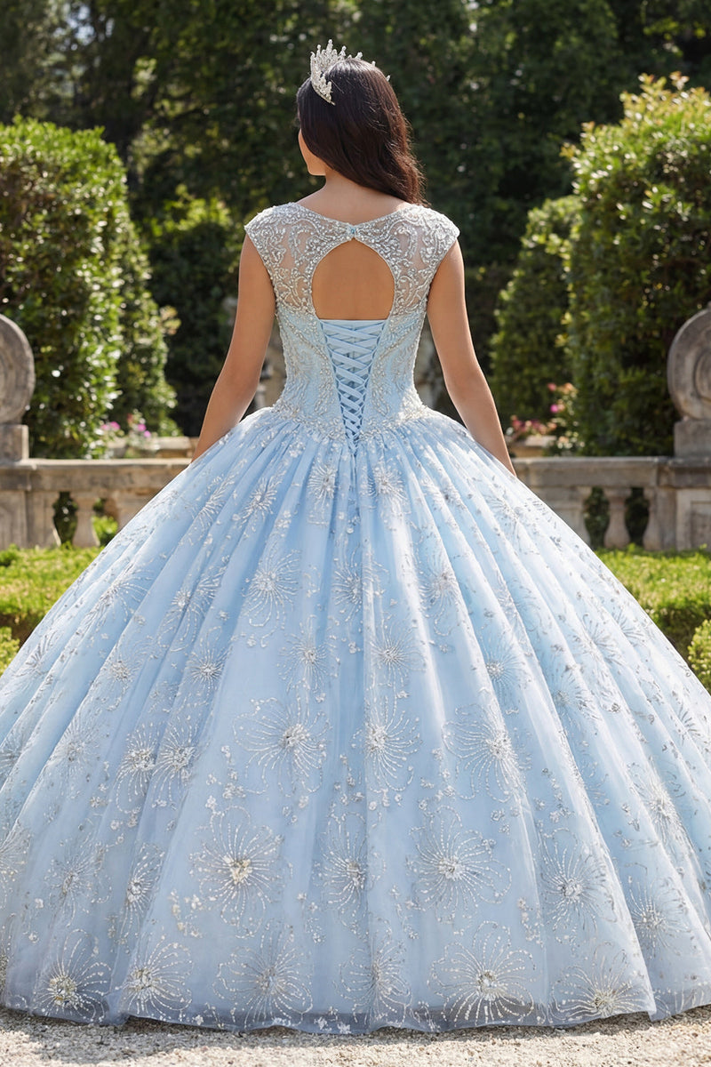 Laden Sie das Bild in den Galerie-Viewer, Glitzerndes Himmelblau Perlenverziert Prinzessin Blumen Lang Bootsausschnitt Quinceañera-Kleid