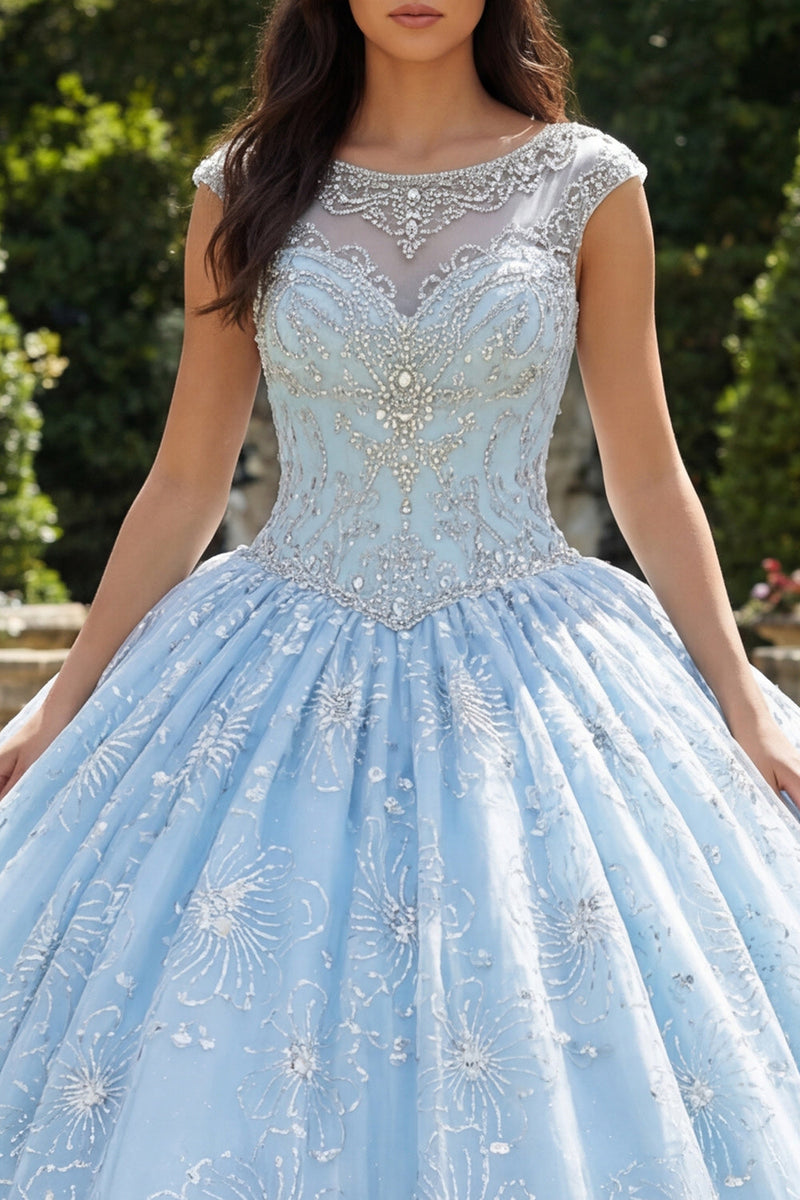 Laden Sie das Bild in den Galerie-Viewer, Glitzerndes Himmelblau Perlenverziert Prinzessin Blumen Lang Bootsausschnitt Quinceañera-Kleid