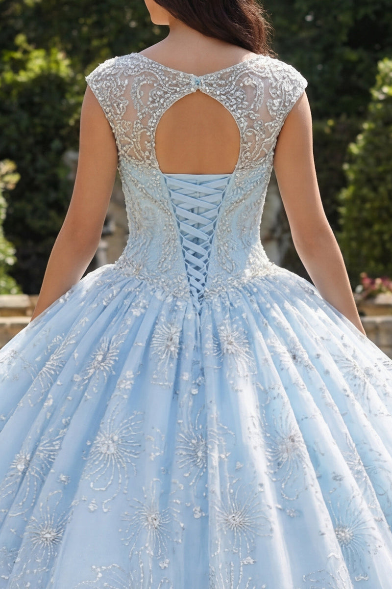 Laden Sie das Bild in den Galerie-Viewer, Glitzerndes Himmelblau Perlenverziert Prinzessin Blumen Lang Bootsausschnitt Quinceañera-Kleid