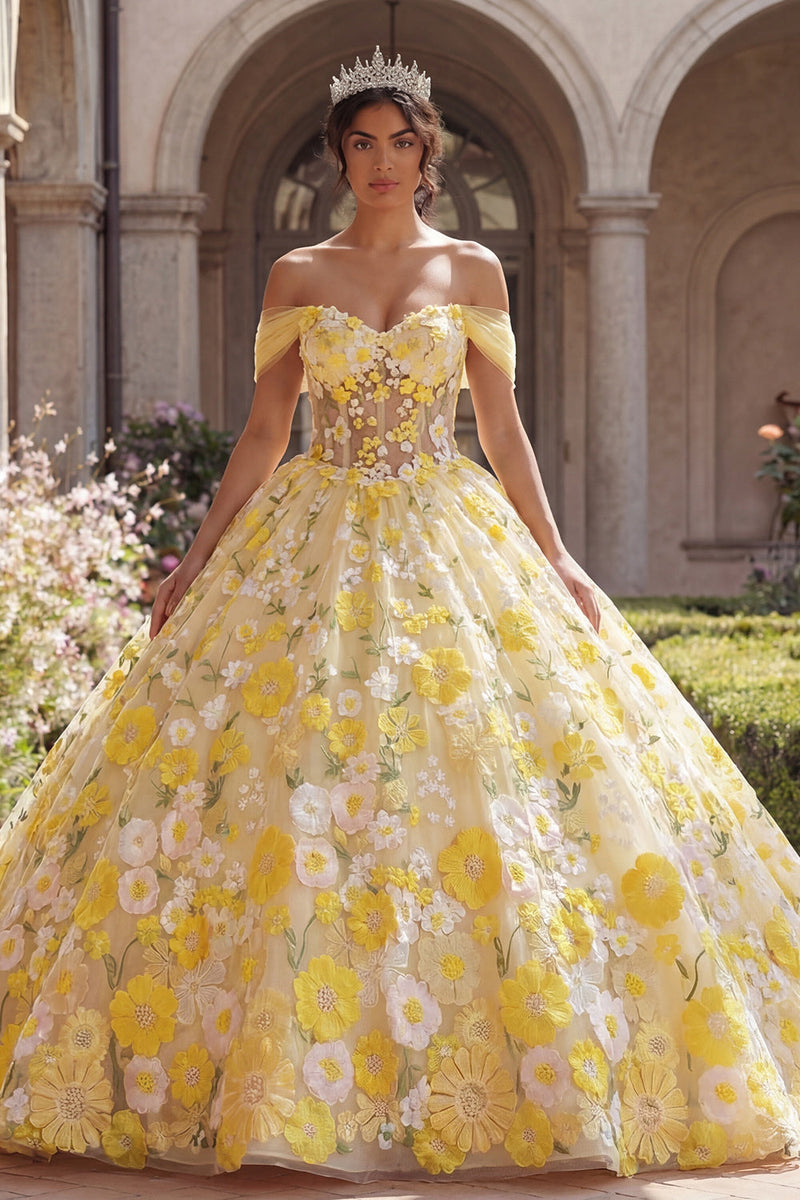Laden Sie das Bild in den Galerie-Viewer, Gelb Schulterfrei Prinzessin Blumen Lang Korsett Quinceañera-Kleid