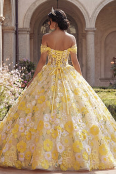 Gelb Schulterfrei Prinzessin Blumen Lang Korsett Quinceañera-Kleid