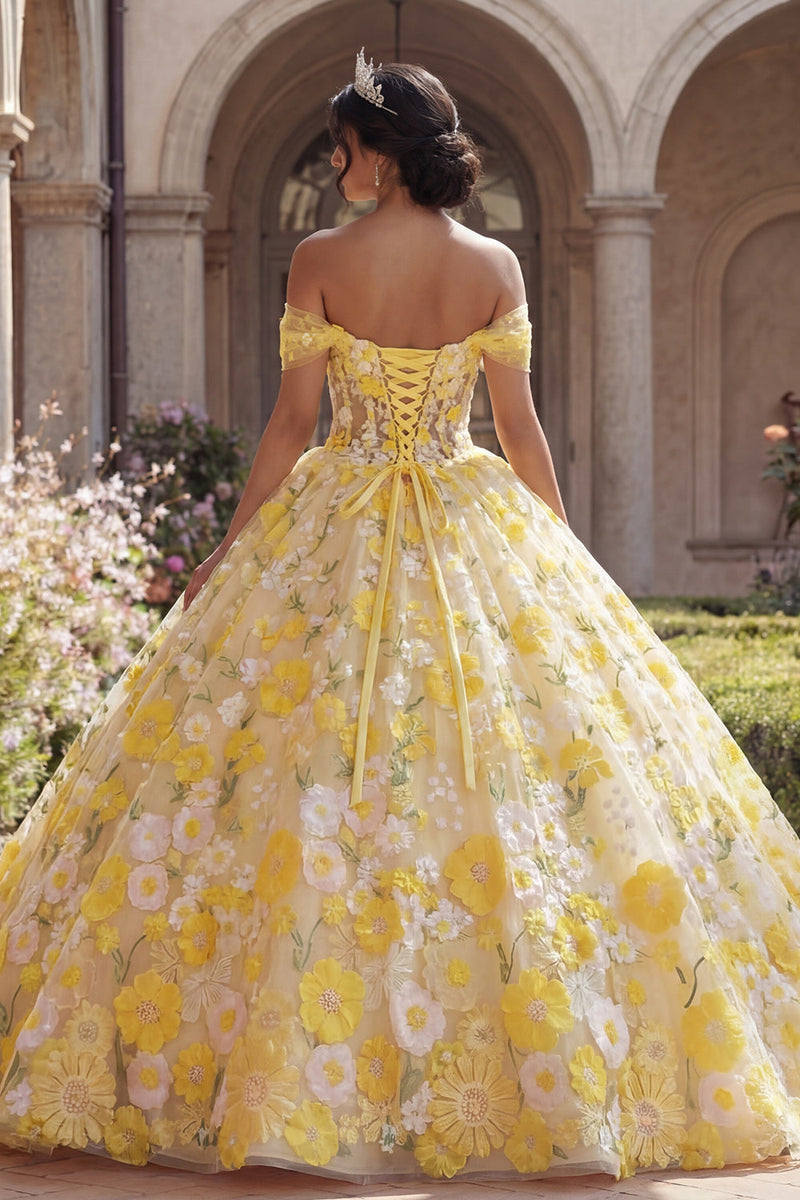 Laden Sie das Bild in den Galerie-Viewer, Gelb Schulterfrei Prinzessin Blumen Lang Korsett Quinceañera-Kleid