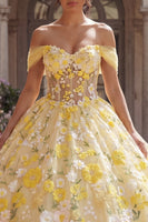 Laden Sie das Bild in den Galerie-Viewer, Gelb Schulterfrei Prinzessin Blumen Lang Korsett Quinceañera-Kleid