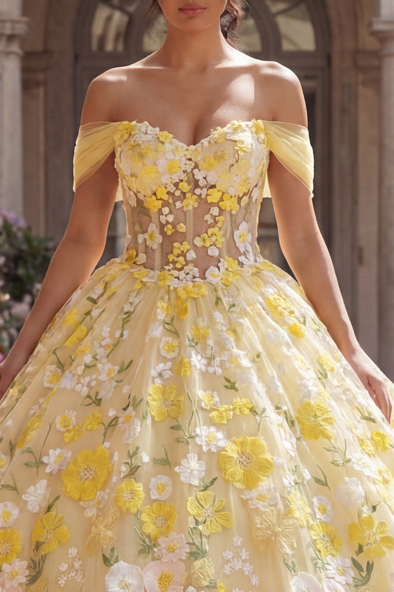 Laden Sie das Bild in den Galerie-Viewer, Gelb Schulterfrei Prinzessin Blumen Lang Korsett Quinceañera-Kleid