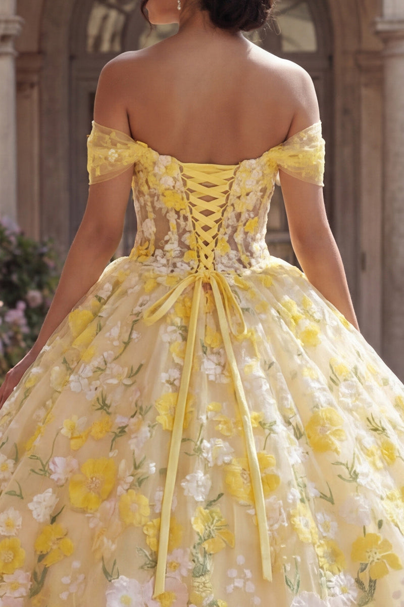 Laden Sie das Bild in den Galerie-Viewer, Gelb Schulterfrei Prinzessin Blumen Lang Korsett Quinceañera-Kleid