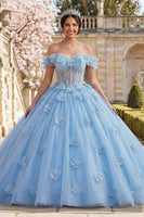 Laden Sie das Bild in den Galerie-Viewer, Himmelblau Blumen Lang Korsett Prinzessin Rüschen Quinceañera-Kleid mit Perlen