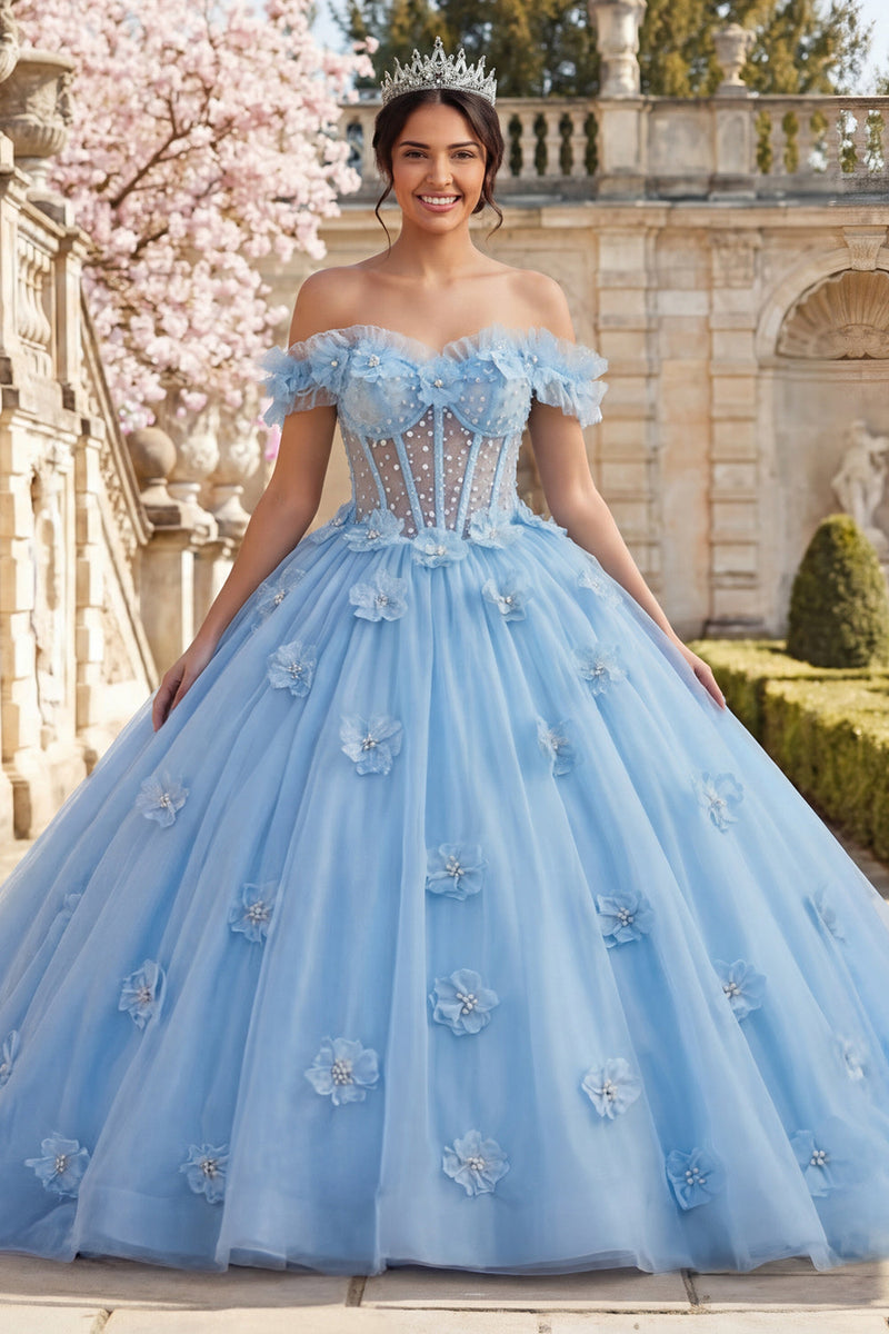 Laden Sie das Bild in den Galerie-Viewer, Himmelblau Blumen Lang Korsett Prinzessin Rüschen Quinceañera-Kleid mit Perlen
